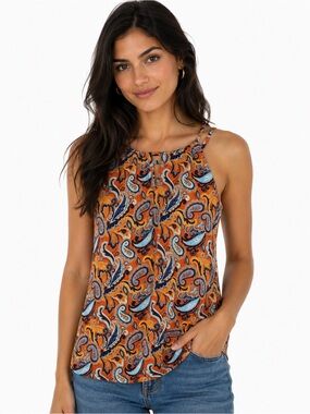 Market & Spruce Boho Paisley Sleeveless Top Small Orange Blue Summer Tank